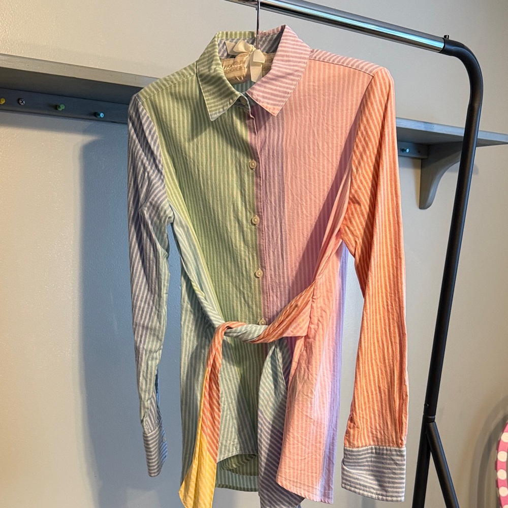 Tommy Hilfiger Colorblock Striped Button-Up Shirt w/tie waist and cinch in back